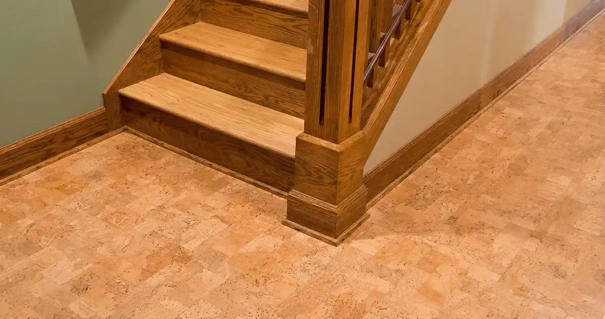 End of a staircase with cork flooring in Buffalo, NY
