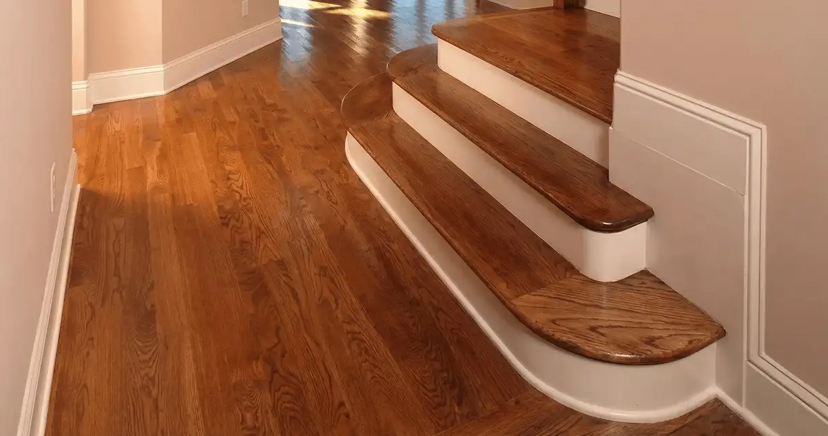 Base floor of a staircase with professionally restored wood flooring in Buffalo NY