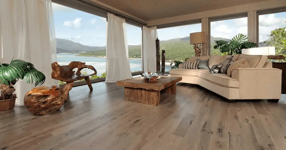 Professionally installed vinyl flooring in a modern living room with large windows in Buffalo, NY